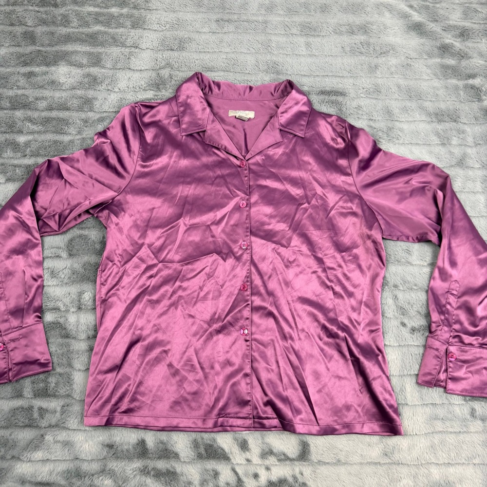 Investments Petites Purple Satin Button Down Blouse Long Sleeve Top 14P